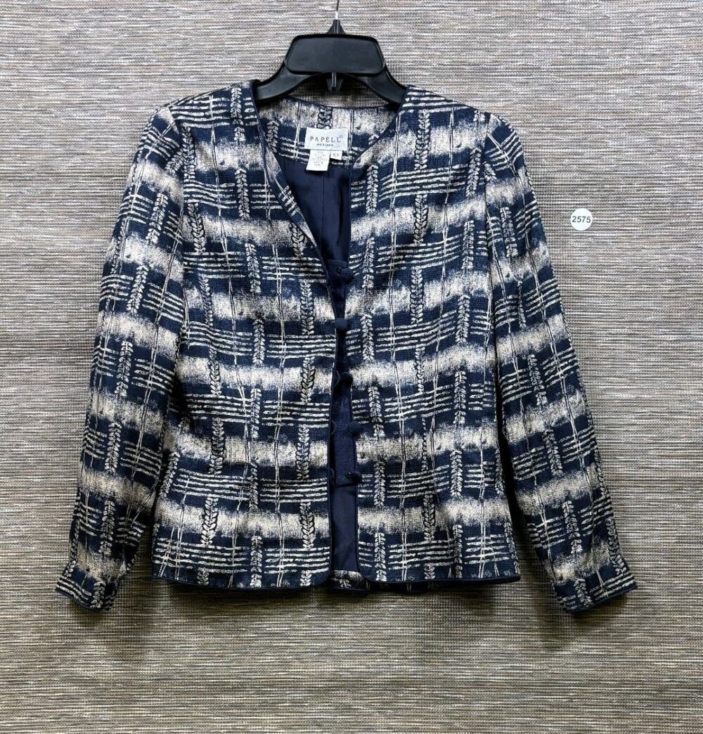 Adrianna Papell 100% Silk Basketweave Button Up Blazer Jacket Size 10P Blue Tan